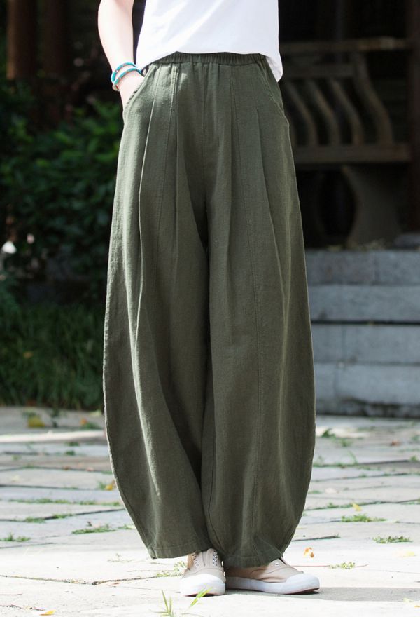 燕燕~棉麻商品~棉麻新款   苧麻棉   砂洗國風禪意復古顯瘦女式休閒褲燈籠褲 長褲 民俗風寬褲 