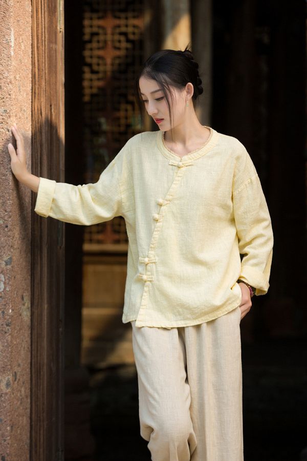 燕燕~秋冬新款 苧麻砂洗設計小衫 盤扣領花邊國風改良襯衫 上衣 