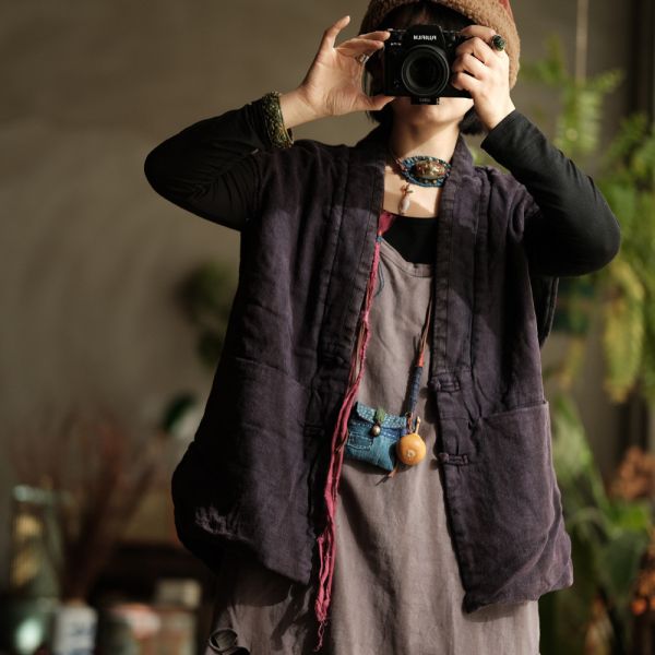 燕燕~棉麻商品~純亞麻。做舊雪花洗撞色領寬鬆夾棉坎肩背心  ab192601 