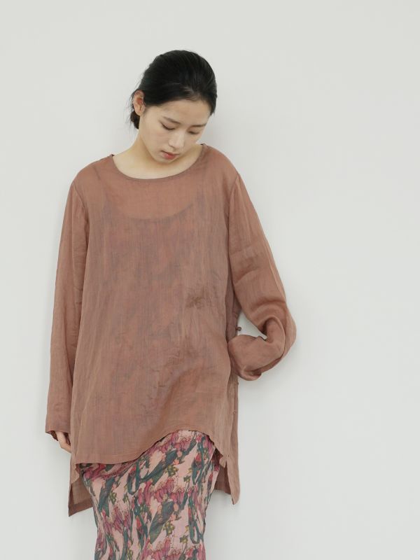 燕燕~清透莧麻~簡約圓領套頭中長襯衫 文藝風骨寬鬆長衫 上衣。ab2420101 