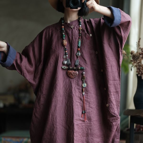 燕燕~水洗麻~撞色手繡寬鬆大袍洋裝 連身裙。ab149101 