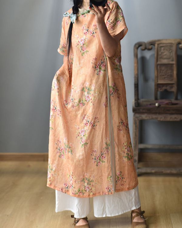 燕燕~棉麻商品 苧麻材質 數碼印花斜襟盤扣文藝開衩長旗袍 洋裝 連身裙  