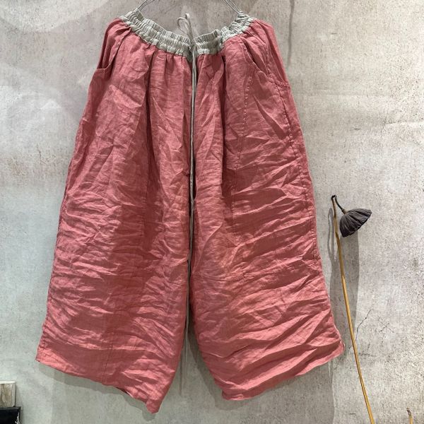 燕燕~夏季新款 亞麻 撞色鬆緊抽帶拼接休閒褲 長褲 