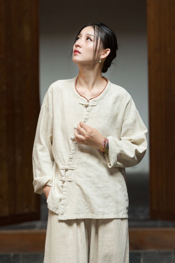 燕燕~秋冬新款 苧麻砂洗設計小衫 盤扣領花邊國風改良襯衫 上衣 