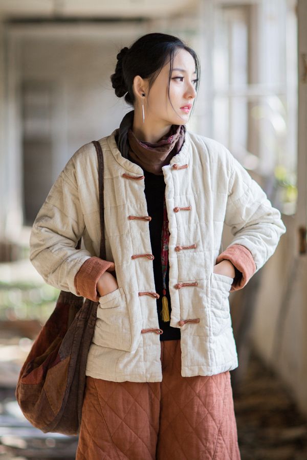 燕燕~冬季新款 苧麻夾棉方格絎縫棉襖短版棉衣外套 
