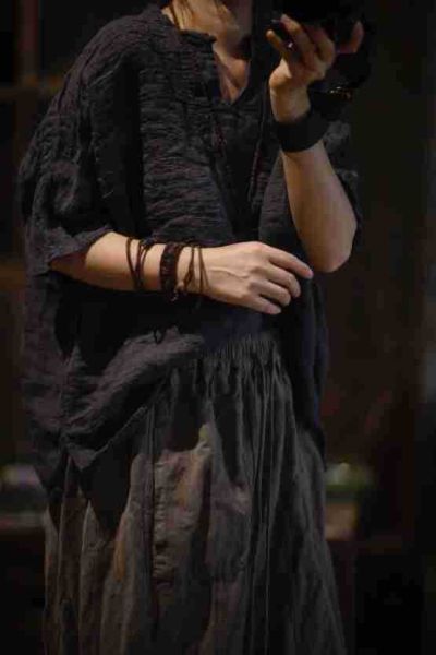 燕燕~亞麻 文藝復古肌理感色織套頭立領盤扣寬鬆落肩小衫 上衣 