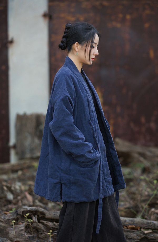 燕燕~秋冬新品  苧麻炒色夾棉加厚復古改良禪意風女式中長棉衣外套 