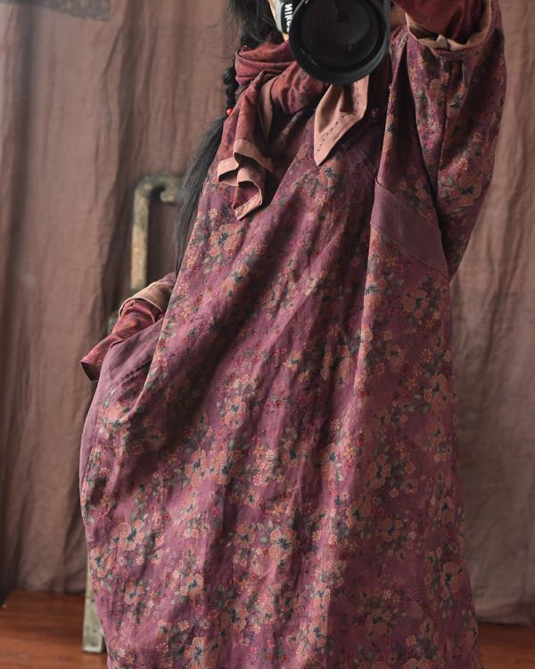 燕燕~秋季  砂洗做舊斜襟盤扣亞麻時髦花色 寬鬆洋裝 連身裙 