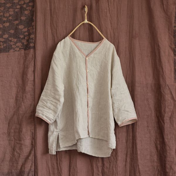 燕燕~亞麻。七分袖撞色邊V領開衫文藝上衣 襯衫 長袖棉麻衫 