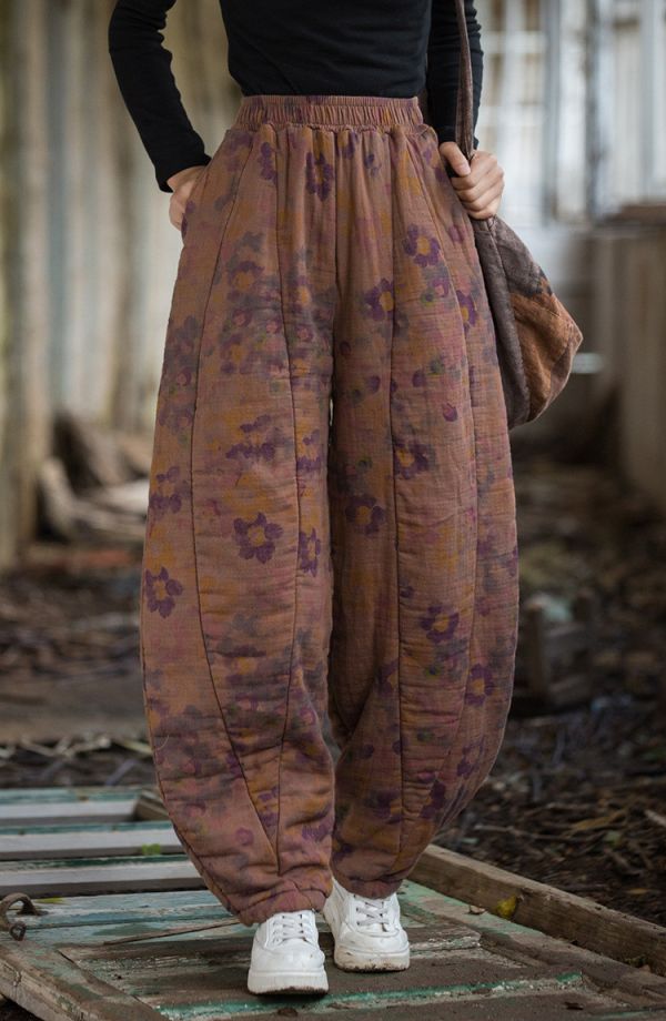 燕燕～秋冬新款 手染夾棉絎縫褲子12片拼接文藝燈籠褲女式棉褲 