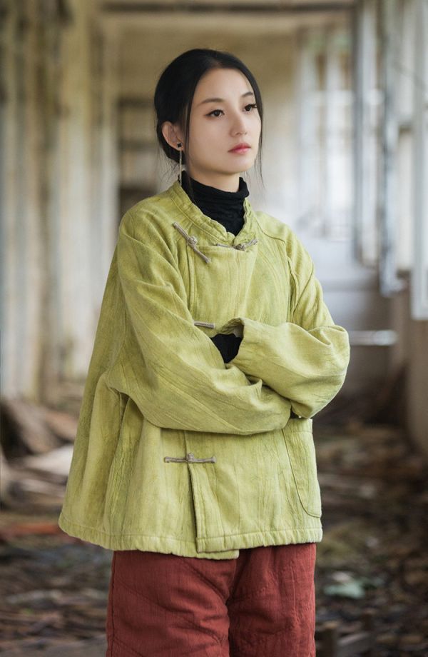 燕燕~秋冬新款   苧麻紮染加厚保暖外套 復古文藝個性盤扣女款T恤 上衣 
