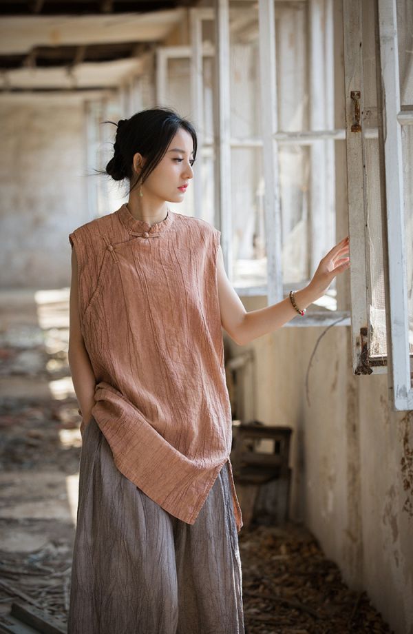 燕燕~莧麻薄款 夏季新款 全新中式盤扣無袖紮染上衣 