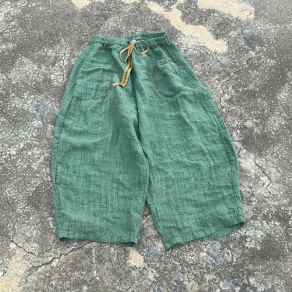 燕燕～亞麻～條紋色織鬆緊腰寬腿休閒女褲 寬鬆顯瘦百搭直筒褲 