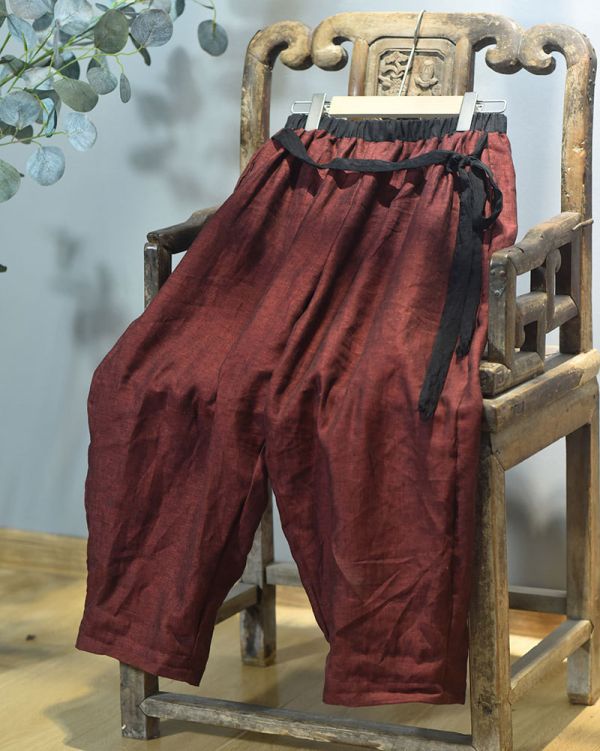 燕燕~春秋新款 色織亞麻寬鬆蘿蔔褲 休閒旅行燈籠褲禪意闊腿褲 