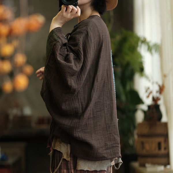 燕燕~復古棉麻貼布斜襟扣盤寬鬆百搭打底T恤 上衣 ab237301 