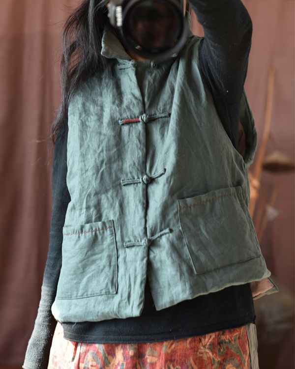 燕燕~秋冬款。亞麻 砂洗盤扣棉背心  