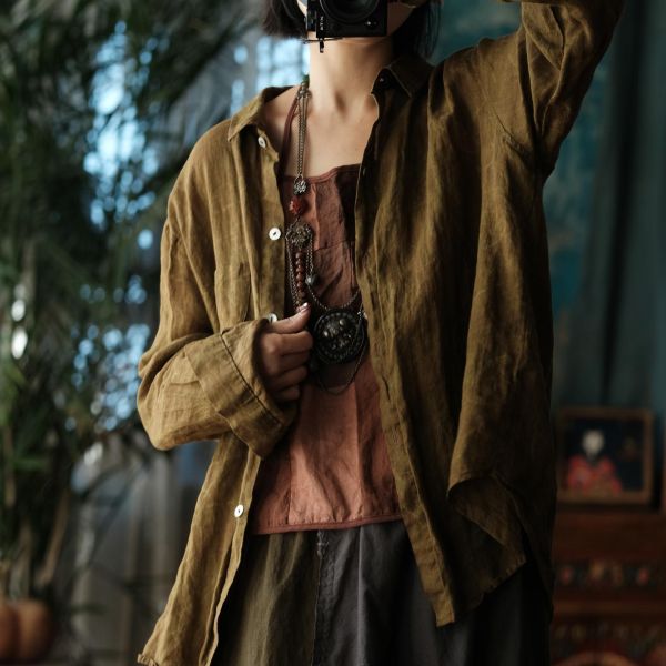 燕燕~復古水洗苧麻寬鬆襯衫 文藝穿搭開襟衫 ab204001 (可搭一套） 