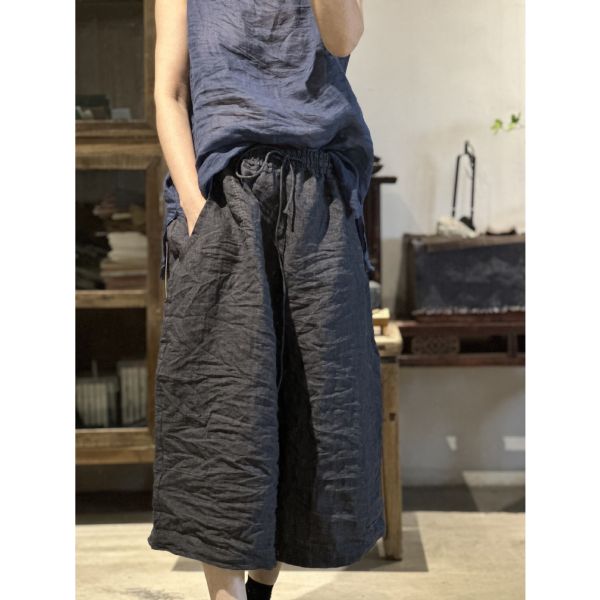 燕燕～春夏款 亞麻 文藝復古寬鬆抽繩直筒八分褲 民俗風寬褲 