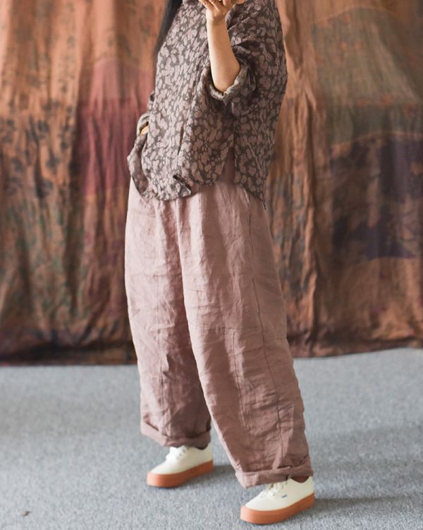 燕燕～四季款  高支砂洗苧麻鬆緊腰 寬鬆休閒長褲 直筒褲 民俗風寬褲 