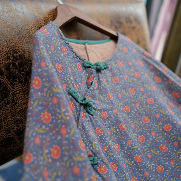 燕燕~春季新款. 雙層棉紗 寬鬆盤扣斜襟花袍洋裝 連身裙 