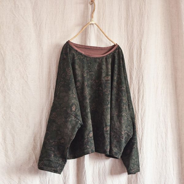 燕燕~數位印花圓領棉麻針織T恤 文藝圓領寬鬆短上衣 