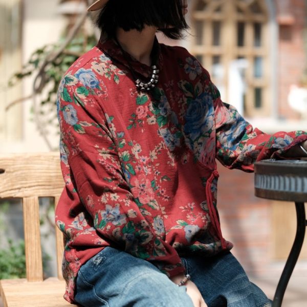 燕燕～文藝復古老花布翻領中式襯衫   ab166201 