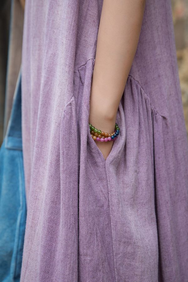 燕燕 夏款 亞麻紮染炒色文藝無袖長裙 洋裝 背心裙 