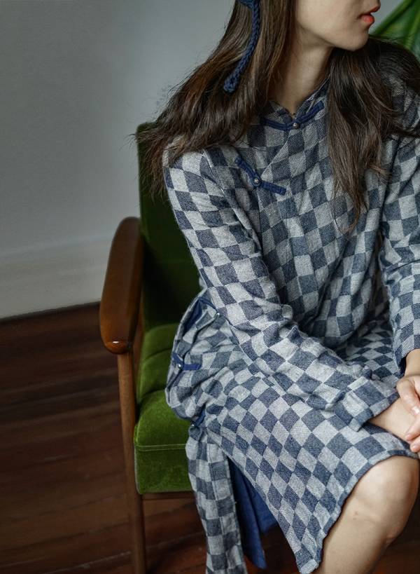 燕燕棉麻～亞麻 立領斜襟格紋長旗袍 顯瘦雙層旗袍 洋裝 連身裙 ab2128501 