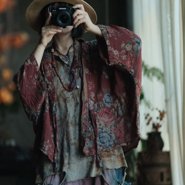 燕燕~棉麻商品~復古文藝棉料印花繫帶外披開襟衫 外套 ab237901 