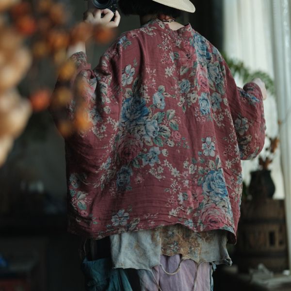 燕燕~棉麻商品~復古文藝棉料印花繫帶外披開襟衫 外套 ab237901 