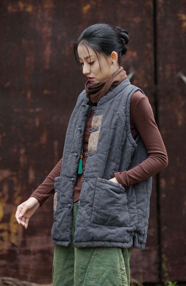 燕燕~秋冬新款 苧麻夾棉絎縫貼布外套 復古個性保暖背心 