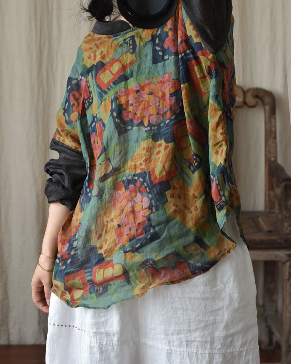 燕燕~春夏秋款  復古印花   寬鬆文藝長袖苧麻上衣 