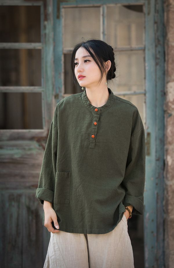 燕燕~莧麻棉~夏女裝新款  撞色盤扣上衣 長袖棉麻衫 