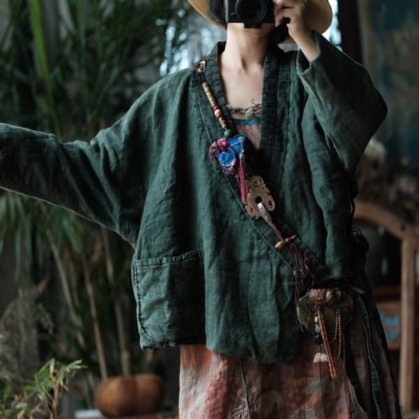 燕燕~秋冬新款 亞麻 手工重工炒色斜襟繫帶棉衣外套  ab181401 