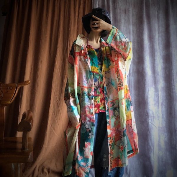 燕燕～純苧麻. 數碼印花蝙蝠袖大襯衫上衣. ab1432101 