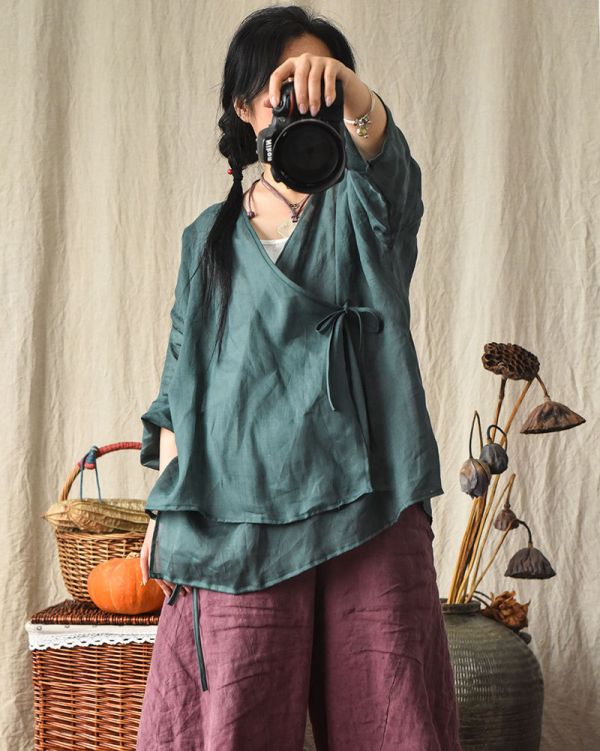 燕燕~棉麻商品 輕薄款 苧麻材質 斜襟開衫繫帶上衣 長袖棉麻衫 