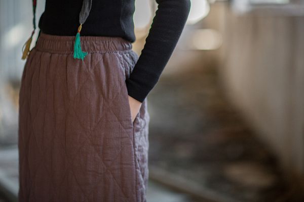 燕燕~秋冬新品    苧麻夾棉 原創設計個性保暖菱格絎縫長裙 