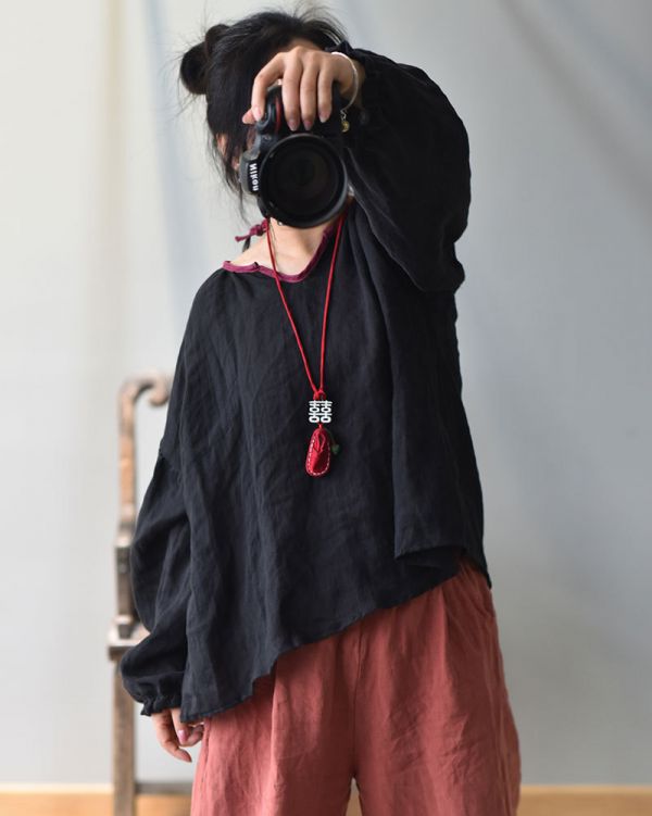 春夏新款 亞麻材質燈籠袖襯衫  木耳邊鬆緊袖上衣 