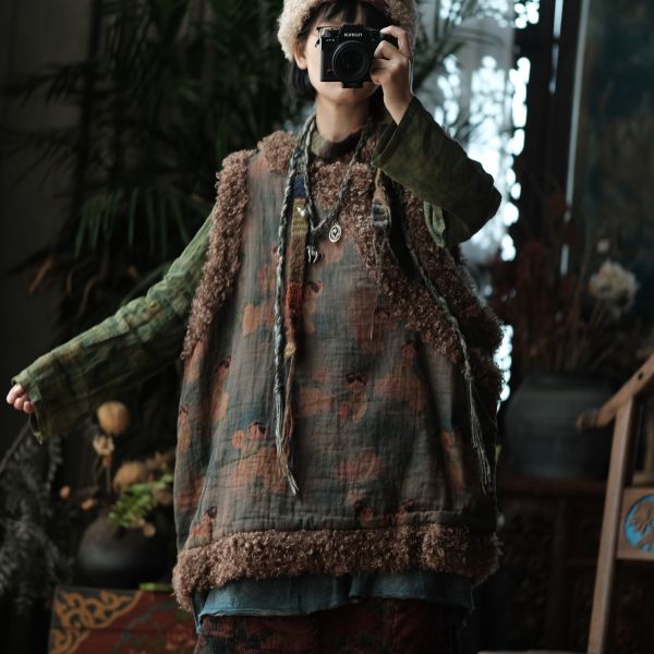 燕燕~秋季新款 復古斜襟盤扣羊捲毛夾棉棉衣棉服背心 外套 ab2224101 (娃娃款） 