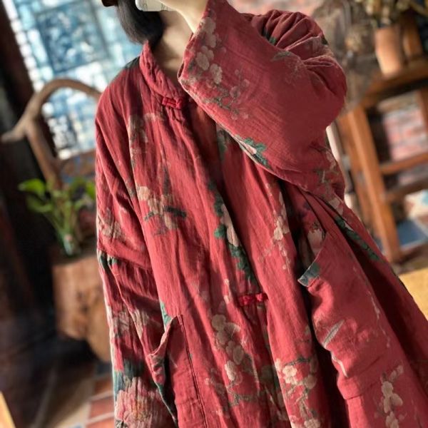 燕燕~棉麻商品~雙層棉紗。  復古大花寬鬆立領棉衣棉外套     ab192701 