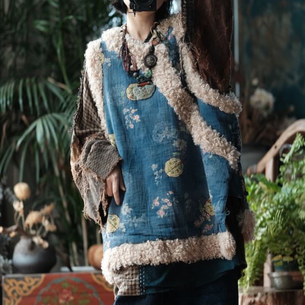 燕燕 復古斜襟盤扣羊捲毛夾棉背心棉衣棉服外套 ab2224101 