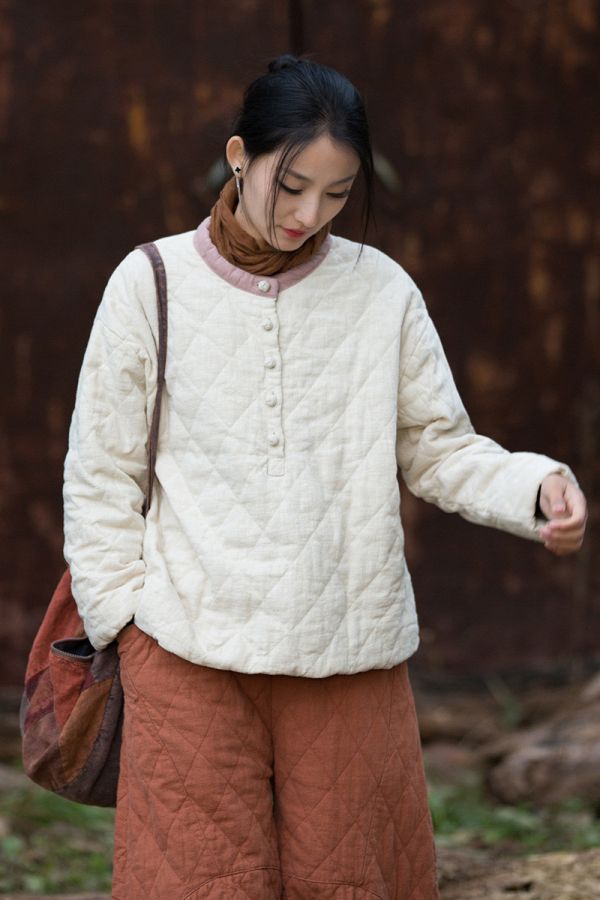 燕燕 冬季新款 苧麻夾棉菱格絎縫套頭棉襖 個性加厚保暖女裝棉衣上衣 