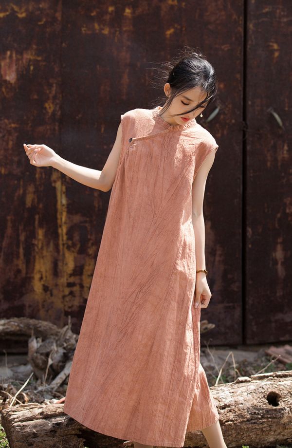 燕燕～秋冬薄款 苧麻棉手工紮染國風改良 無袖洋裝連身裙 