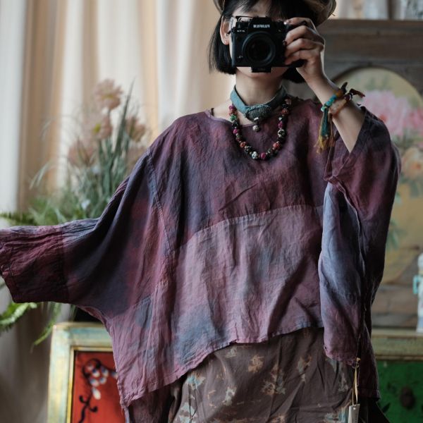 燕燕~輕訂製 植物染毛邊圓領寬鬆小衫 上衣  ab208901 （植物染商品顏色不會一模一樣喔） 