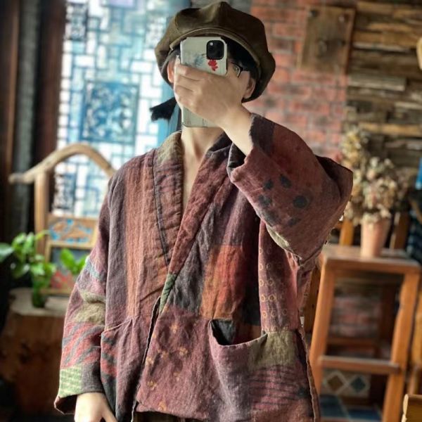 燕燕~棉麻商品~純亞麻 仿香雲紗印花繫帶復古棉衣棉外套   ab192801 