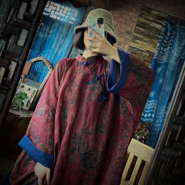 燕燕~棉麻商品~秋款 純亞麻 復古印花盤扣中式長袍洋裝 連身裙 