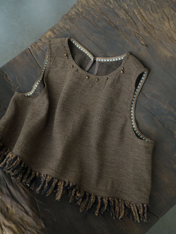 燕燕~秋冬款！復古色織棉麻個性毛邊 流蘇背心 ab2435501 