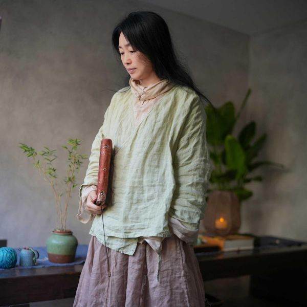 燕燕~砂洗亞麻 傳統交領繫帶百搭長袖襯衫 上衣小開襟衫 