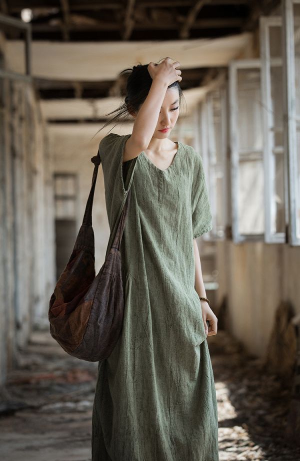 燕燕~亞麻~夏季棉薄款   紮染文藝長裙 洋裝 連身裙 