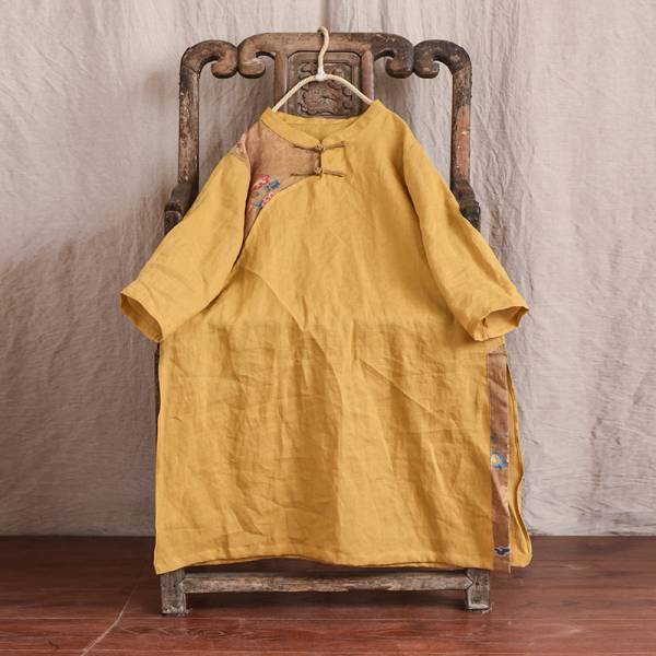 燕燕~棉麻商品 苧麻材質 旗袍款式 復古拼布百搭中長款長版上衣 可當洋裝 連身裙 